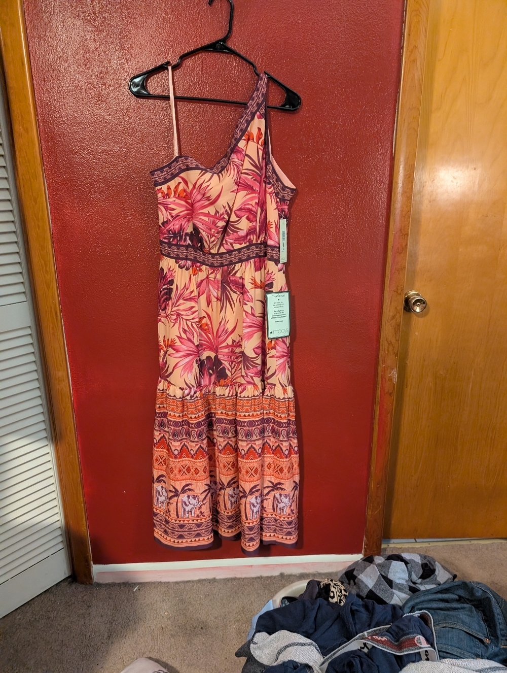 Eliza J Peach Floral One-Shoulder Midi Dress with Coral Accents